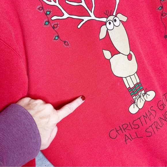 Vintage Christmas Sweatshirt Size L Reindeer Ugly Strung Out Lights 90s Made USA - Picture 4 of 8